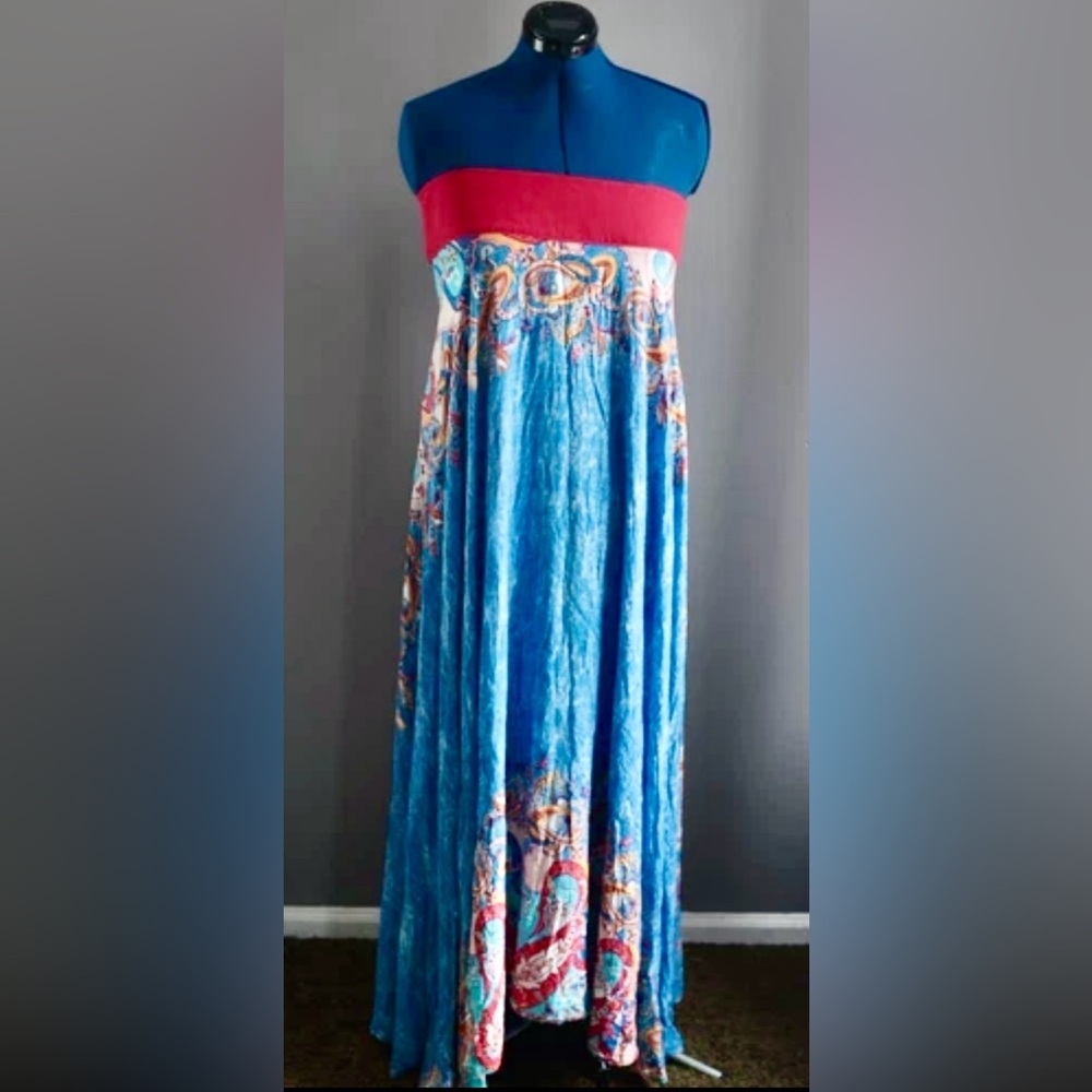Maxi Dress Tube Boho Strapless Back Flowy Whimsy‎ Resort Cruise Summer M/L Retro